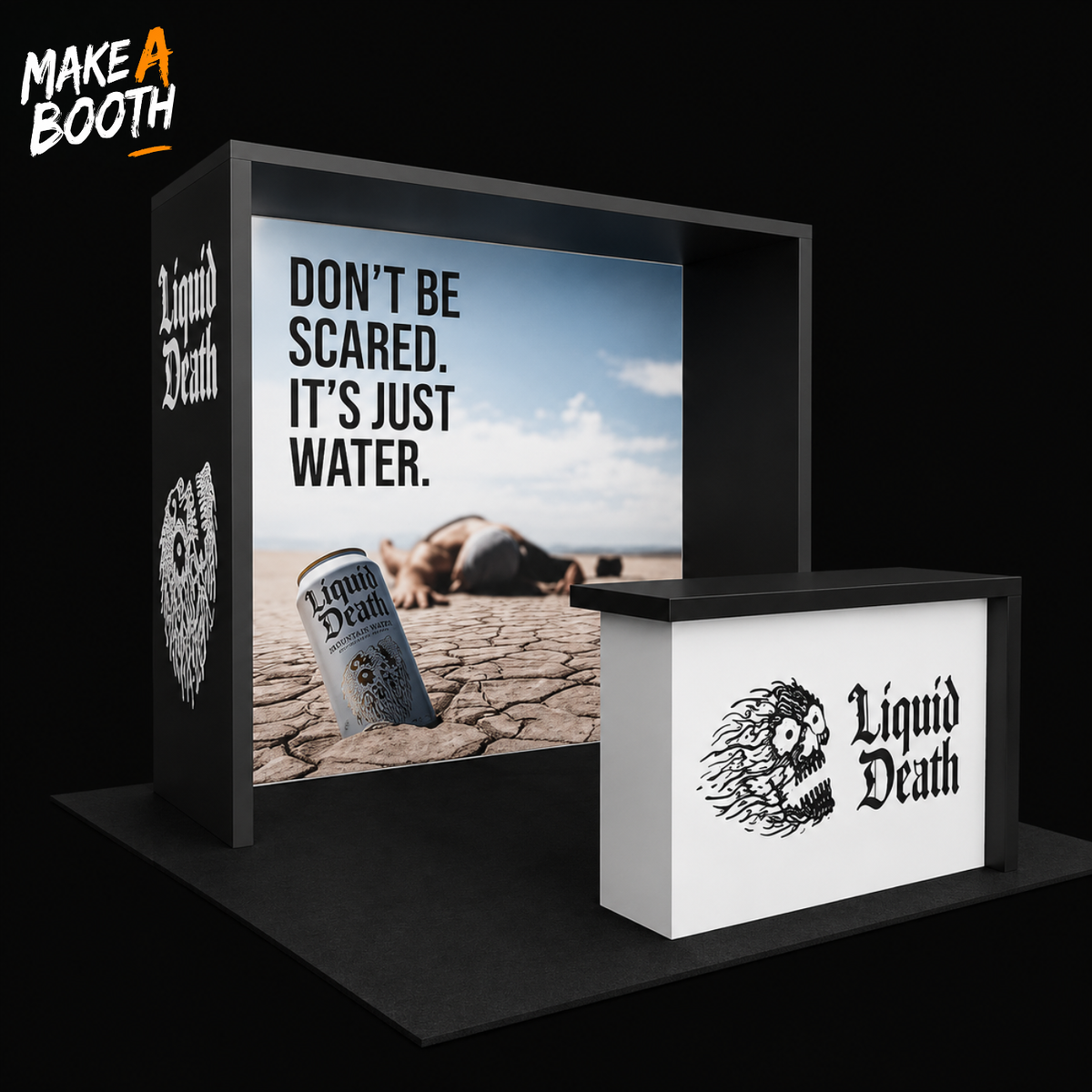 Backlit exhibit booth with black frame, large printed panel, and white front counter