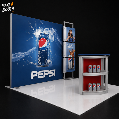 Backlit exhibit booth with Pepsi graphic wall, side shelving panels, and red drink stand