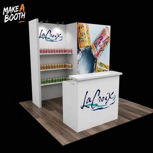Backlit exhibit booth with white counter and La Croix can shelves under a hanging panel