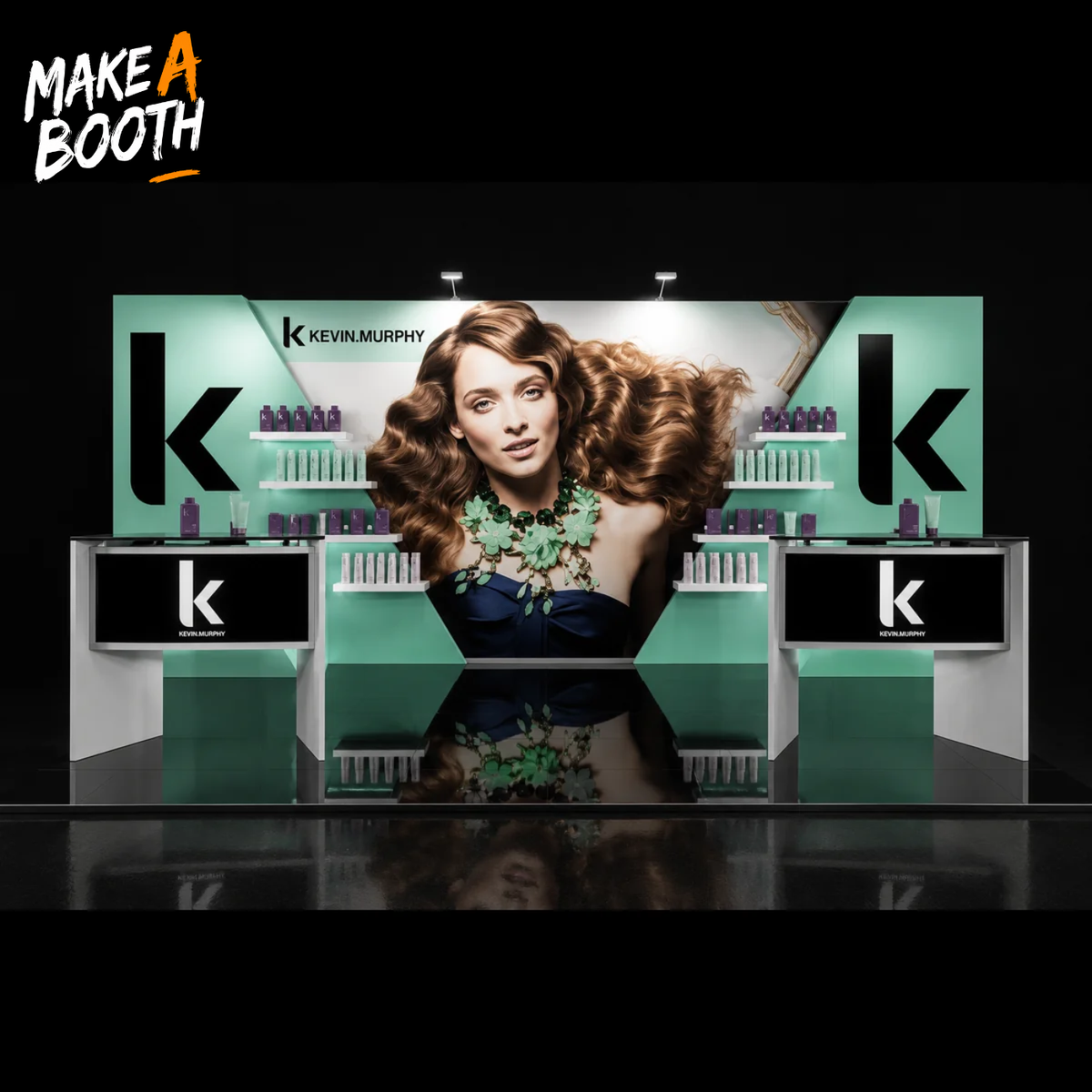 Modular backlit exhibit booth with central illuminated portrait panel and product shelves