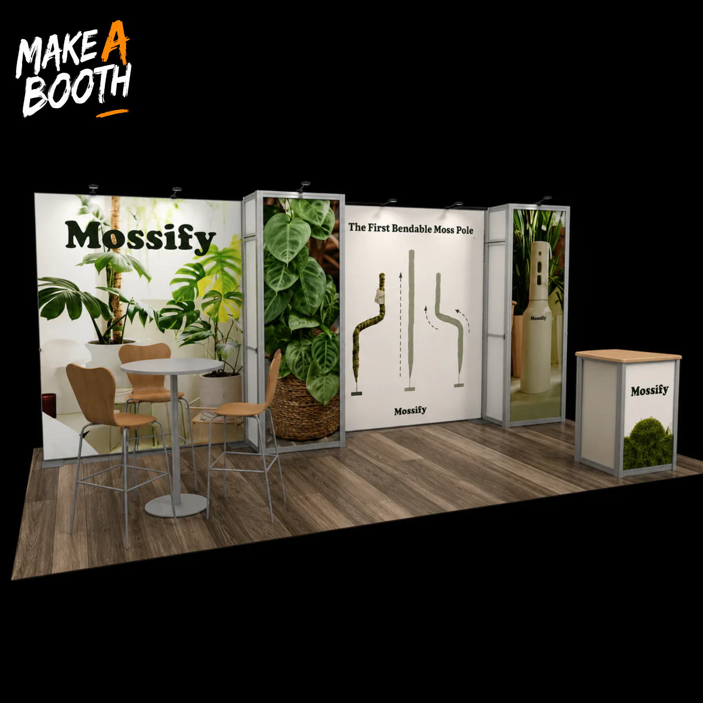 Modular backlit exhibit booth with greenery panels, counters, and display shelves