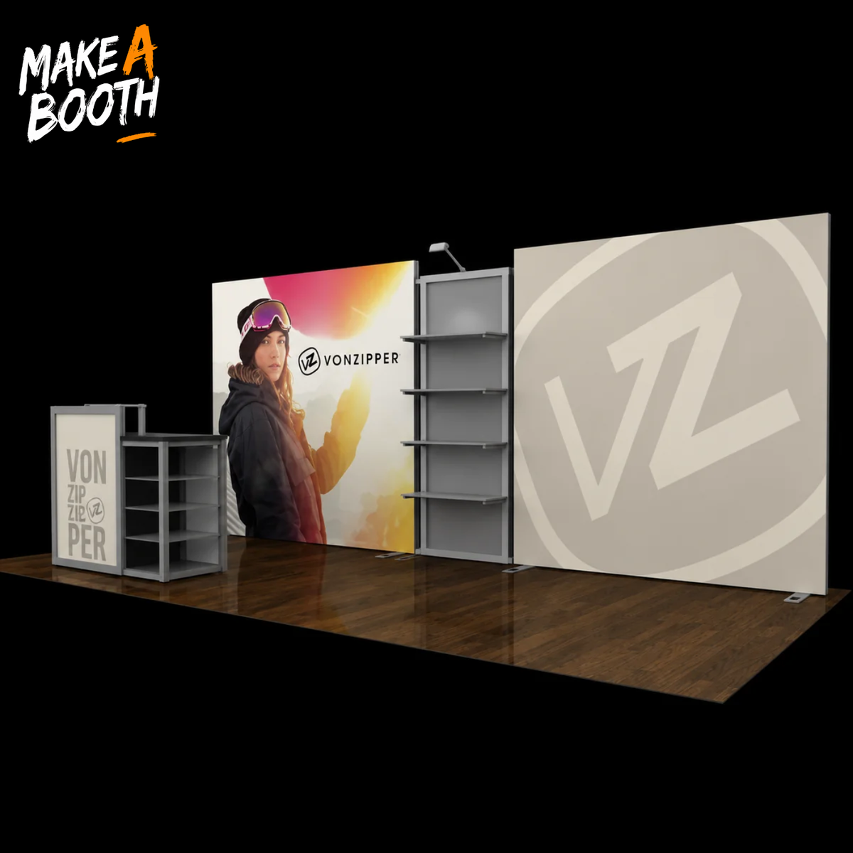 Modular backlit exhibit booth with open shelving and large illuminated wall graphic