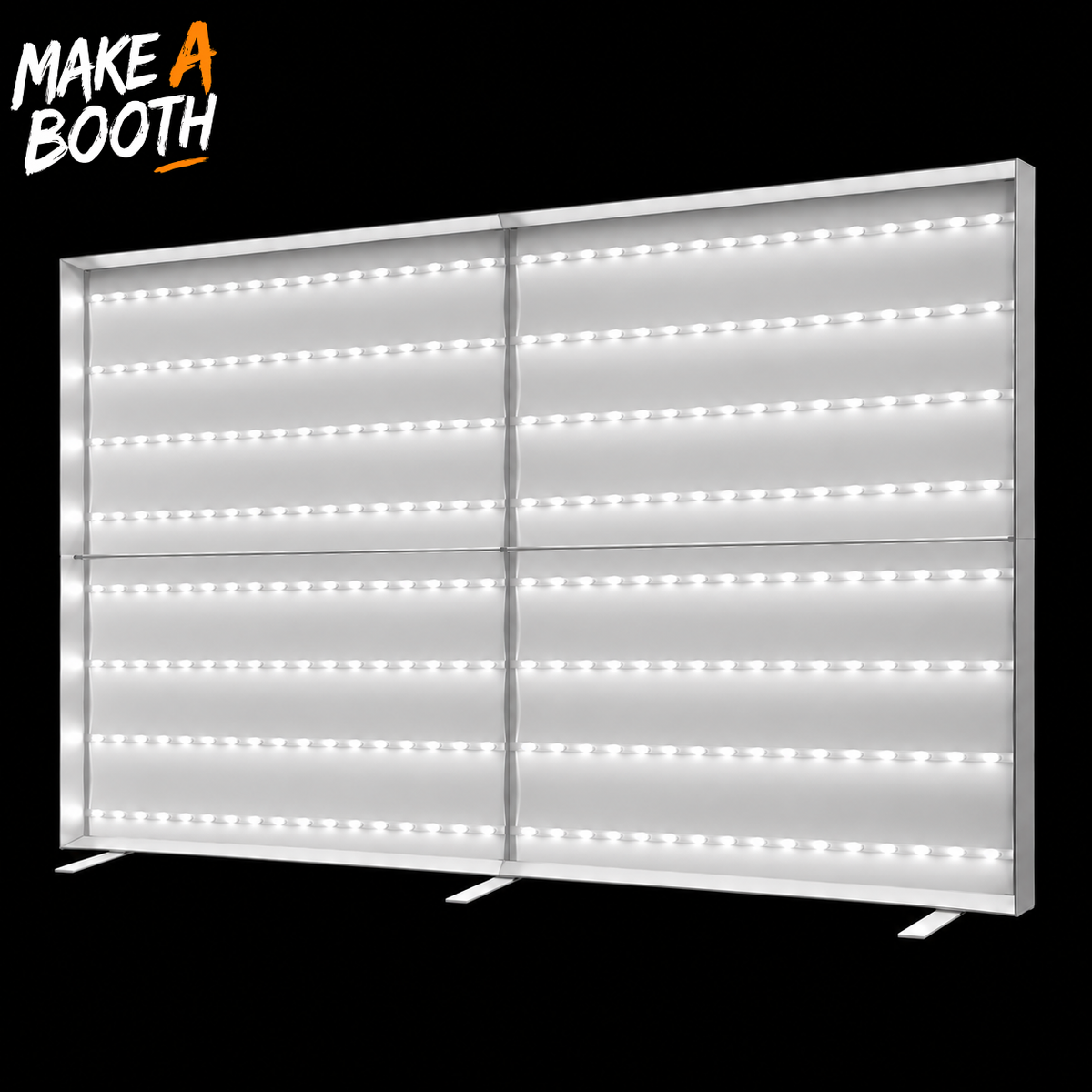 Frameless SEG lightbox display with central vertical seam and glowing LED strip grid