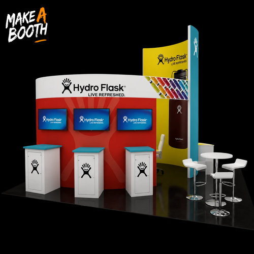 Modular island exhibit kit with red-and-white kiosks, reception counter, and bar stools.