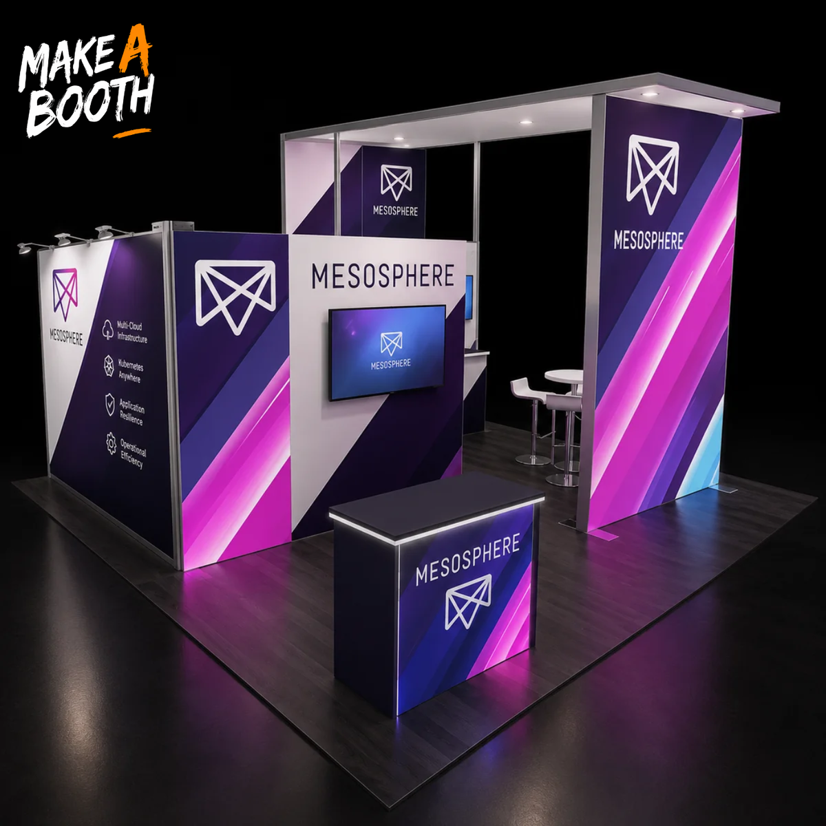 Modular island exhibit kit with purple/blue backlit walls, central counter, and seating.