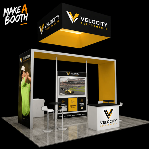 Modular island exhibit kit with black-and-gold branding panels, reception counter, and podiums.