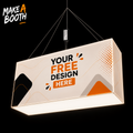 Angle view of rectangular hanging backlit sign, glowing 'YOUR FREE DESIGN HERE' panel