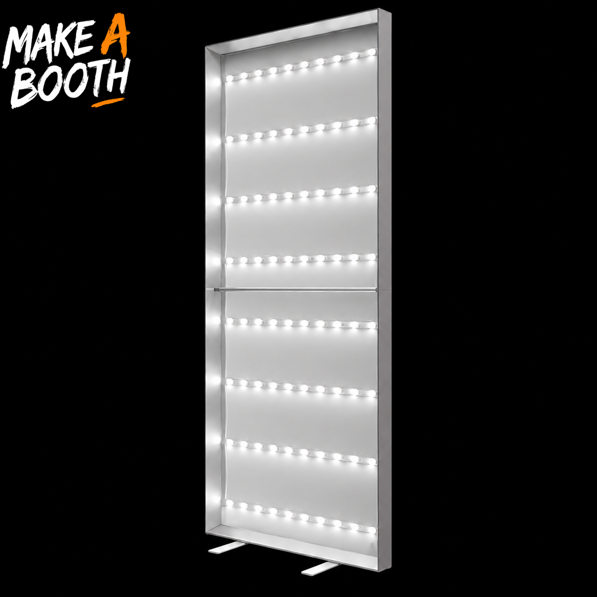 Frameless SEG lightbox display with bright LED strip grid and silver frame, freestanding