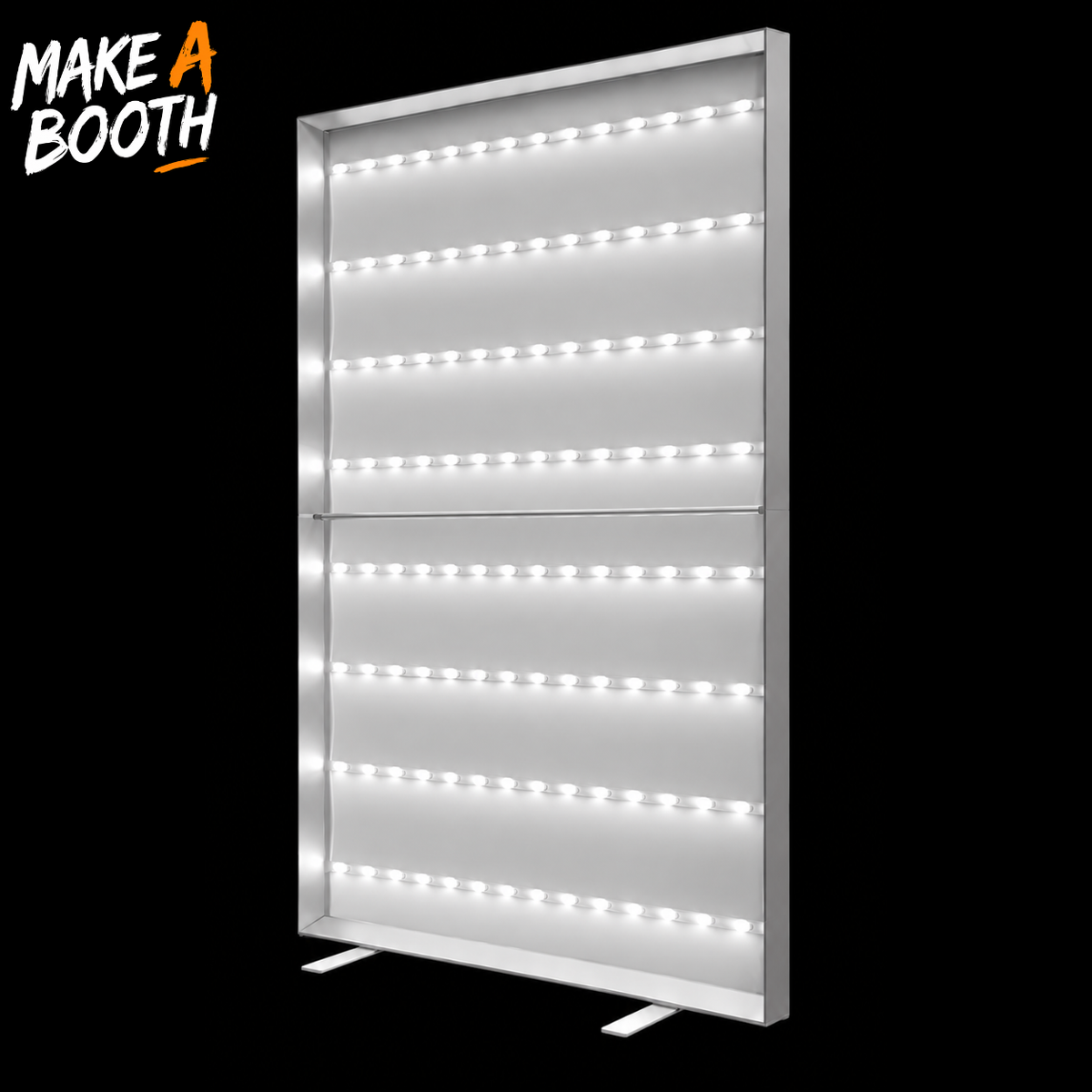 Frameless SEG lightbox display with LED strip lights on translucent panel, two side feet