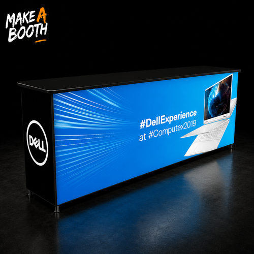 Backlit light box counter with blue front panel, Dell logo, and #DellExperience text