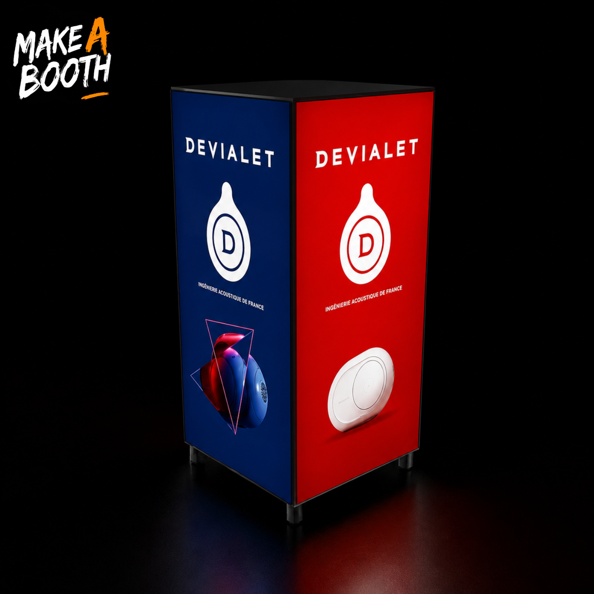 Backlit light box counter with blue and red branded panels and circular logo front