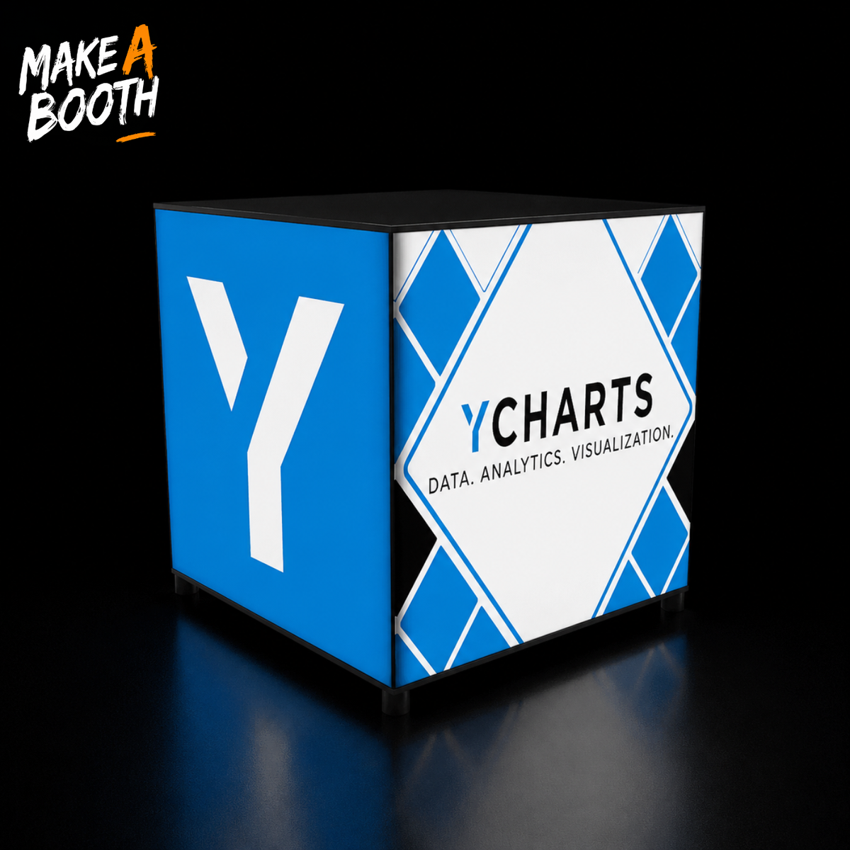 Backlit light box counter with blue left panel and YCharts graphics on white front