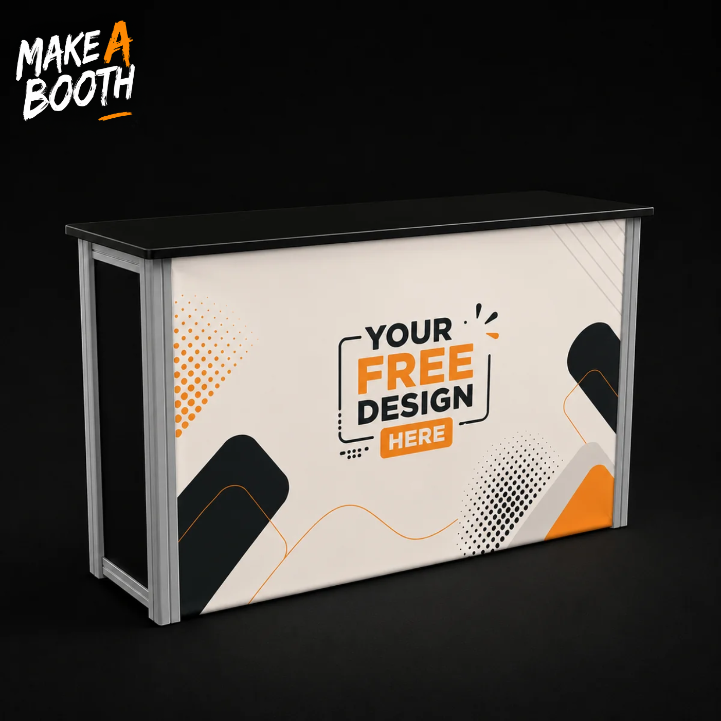 Backlit storage counter with black top and 'YOUR FREE DESIGN HERE' front graphic