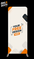 Tension fabric backdrop display with custom print, orange accents, and metal legs