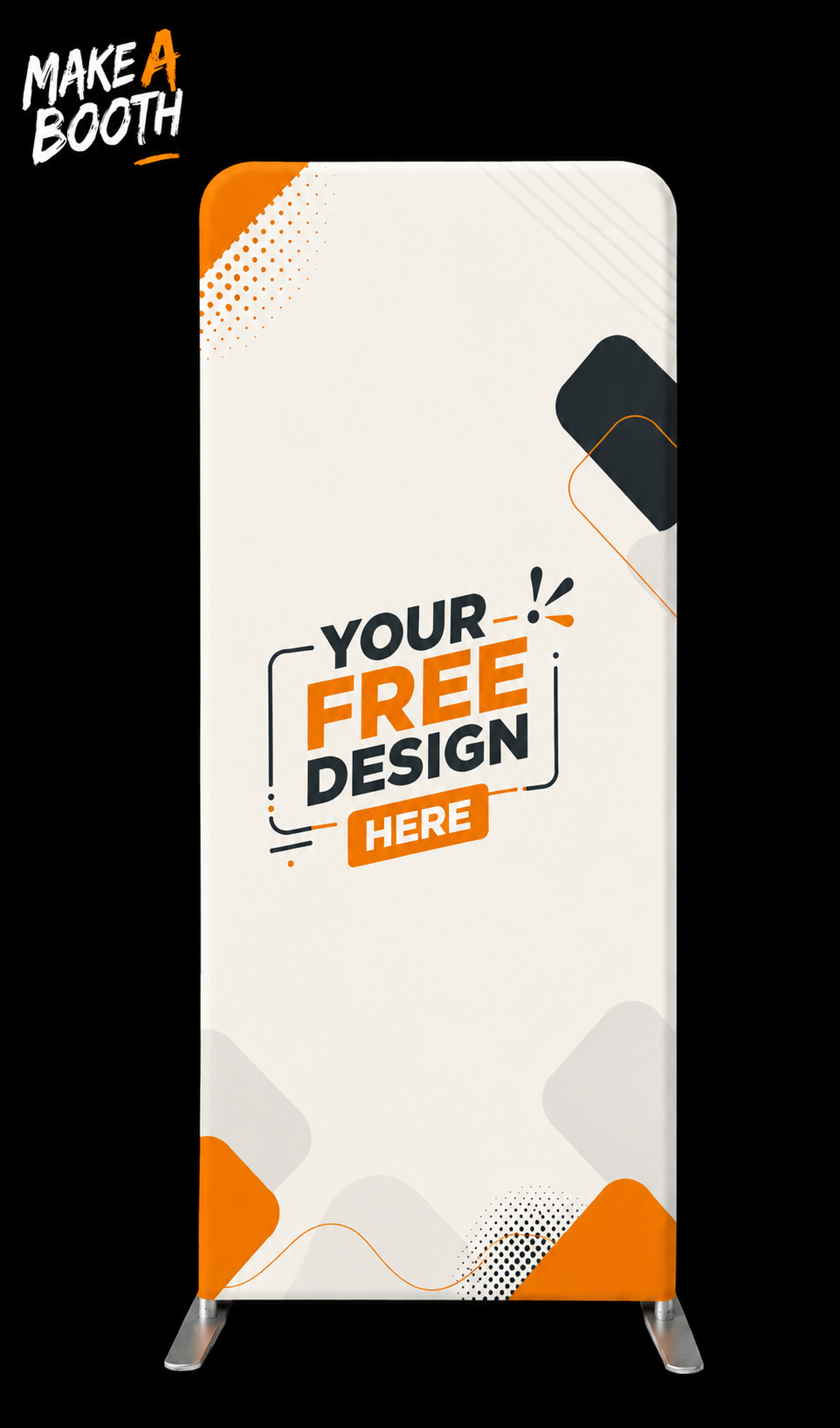 Tension fabric backdrop display with custom print, orange accents, and metal legs