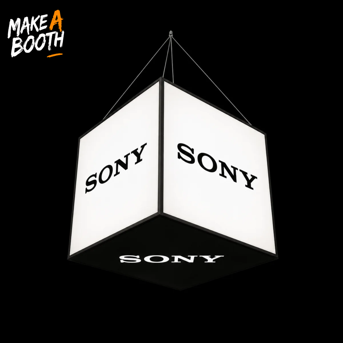 Hanging cube LED lightbox sign with three white panels and SONY text