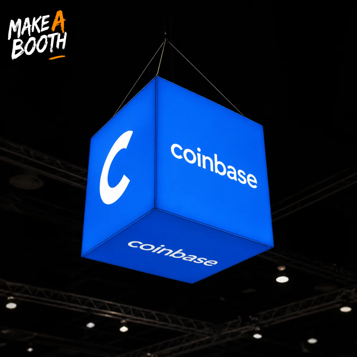 Hanging cube LED lightbox sign in blue with Coinbase logos on three panels