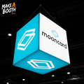 Hanging cube LED lightbox sign with teal panels and mooncard text on white side