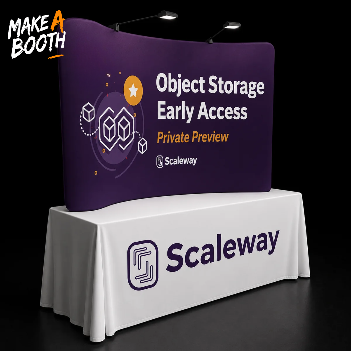 Curved tabletop tension fabric display with purple panel and white skirt, Scaleway logo