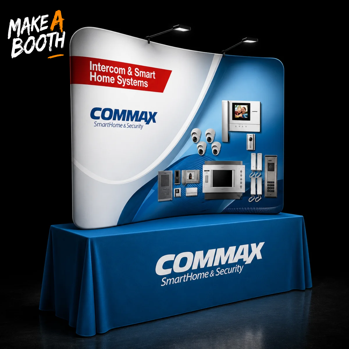 Curved tabletop tension fabric display with silver/blue panels and blue skirt, COMMAX branding