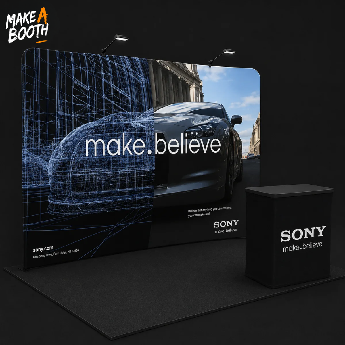 Curved tension fabric display kit with printed backdrop panel and small branding table