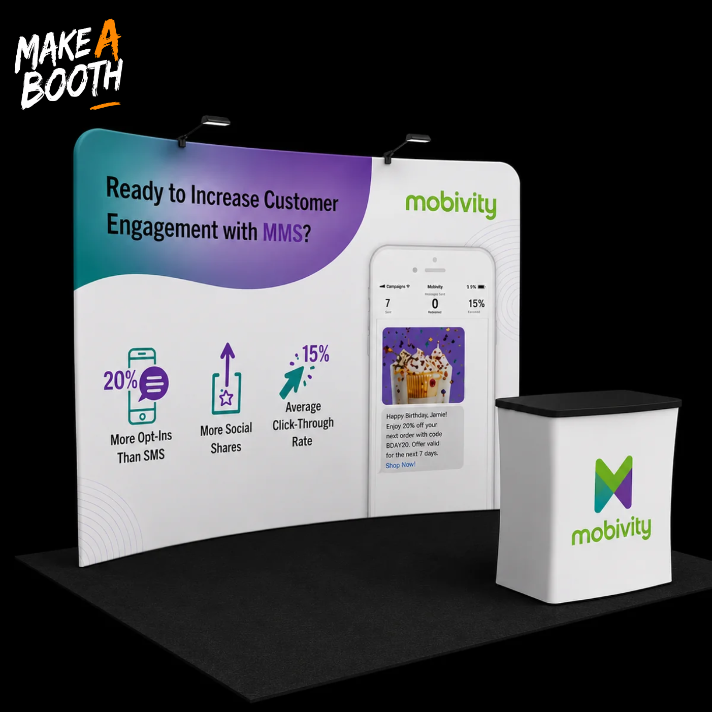 Curved tension fabric display kit with two curved wall panels and matching booth table