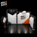 Elegant exhibition booth with ring truss, oval sign panels with orange and blue accents
