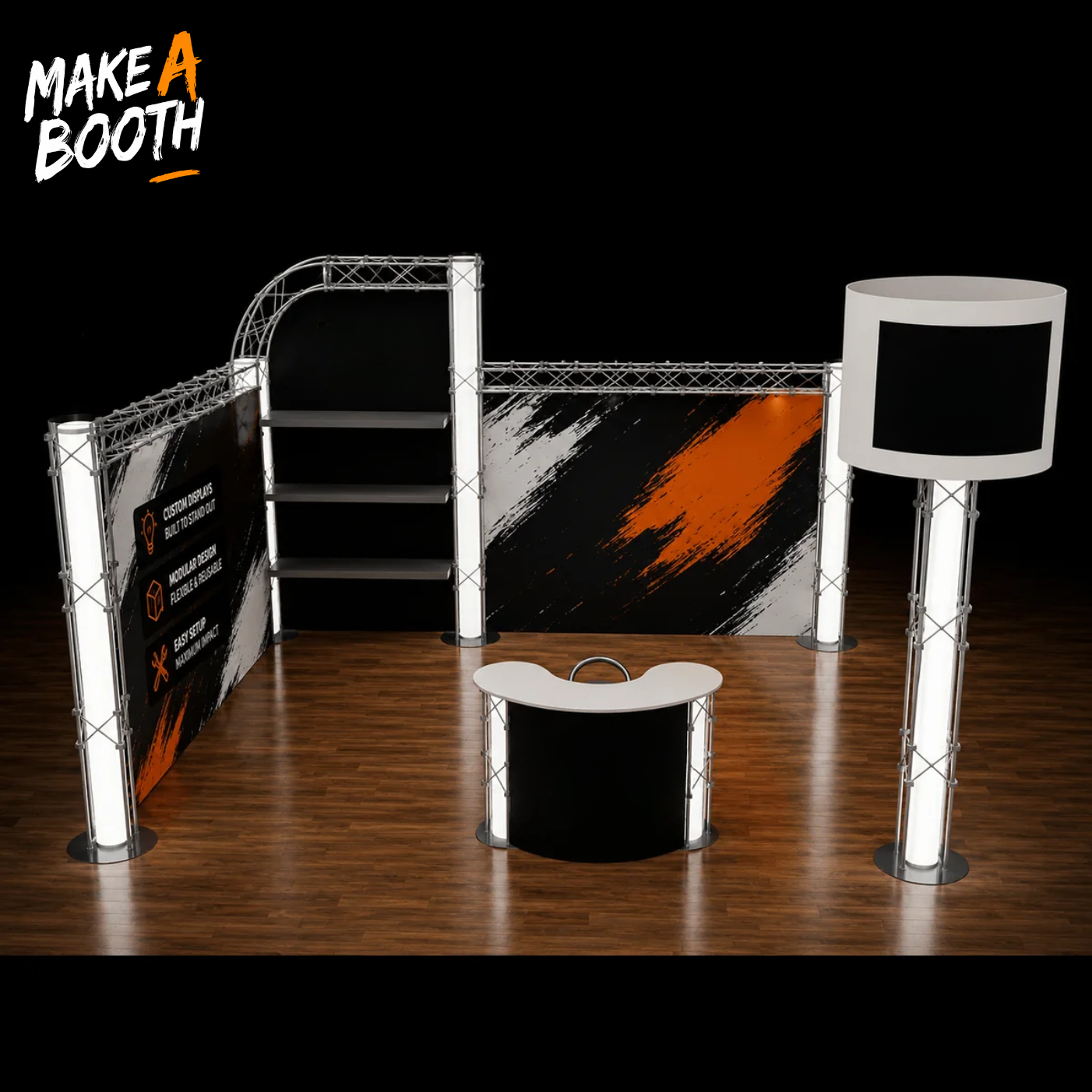 Modular exhibition booth tower with black-and-orange panels, round counters and shelf