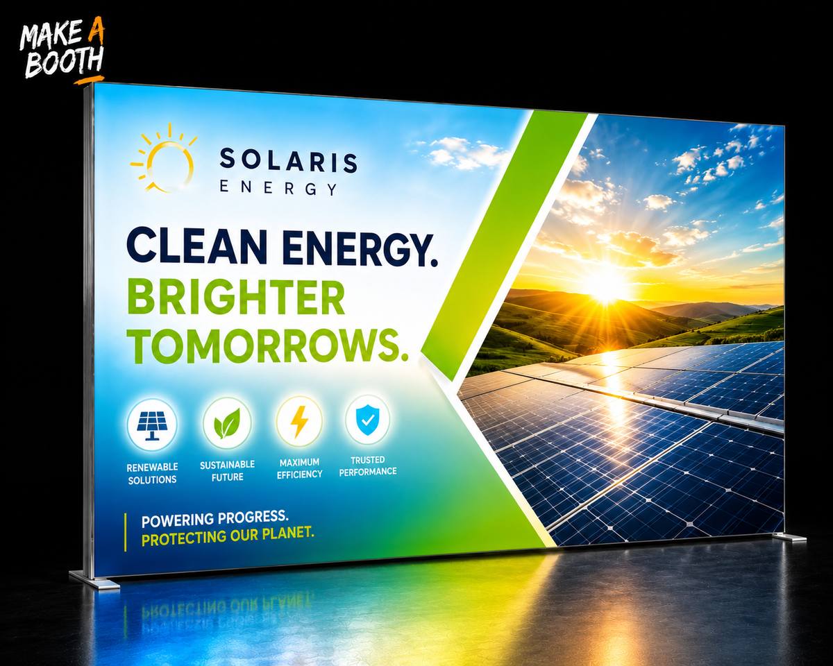 Frameless SEG lightbox display showing SOLARIS ENERGY clean energy banner
