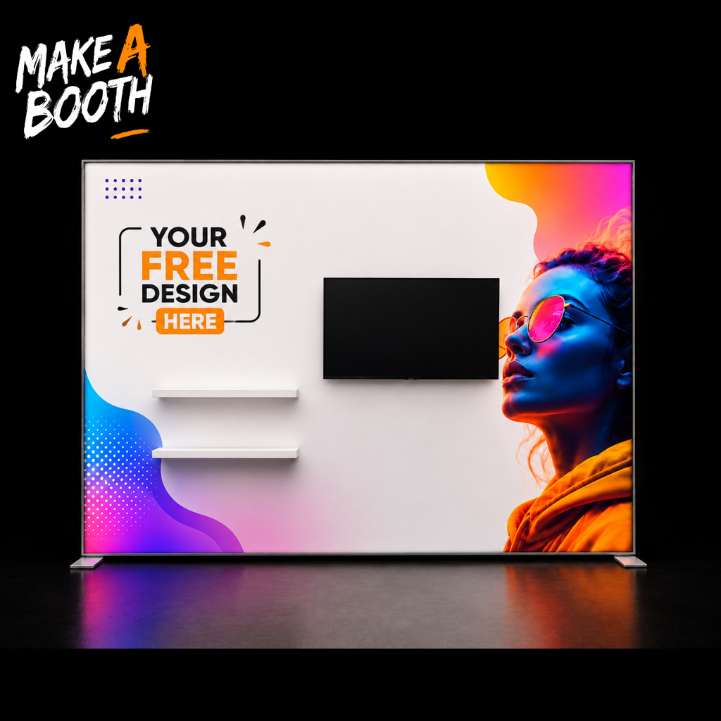 Frameless SEG lightbox with wall shelves and flat TV mount, black frame