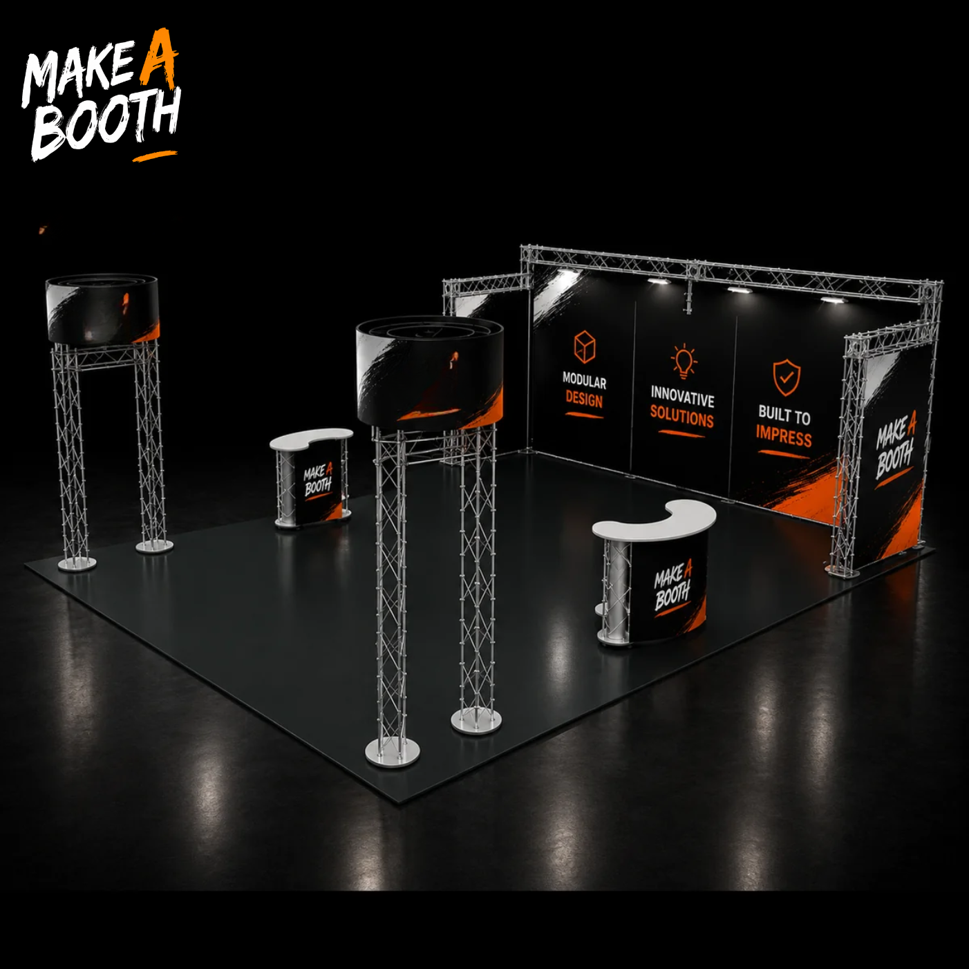Modular trade show booth corner with black banner panels, truss framing, and round counter