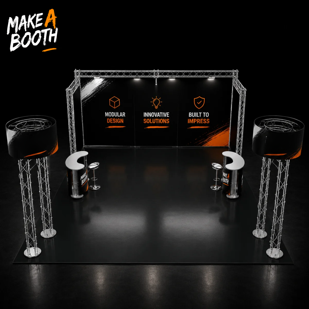 Modular trade show booth display with black banners, silver truss arch, and four small podiums
