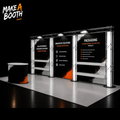 Modular trade show booth with black banner panels, silver truss frame, and round counter tables