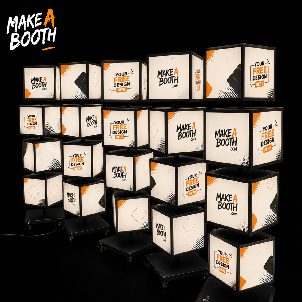 Freestanding rotating LED light box tower with illuminated cube faces on wheeled bases