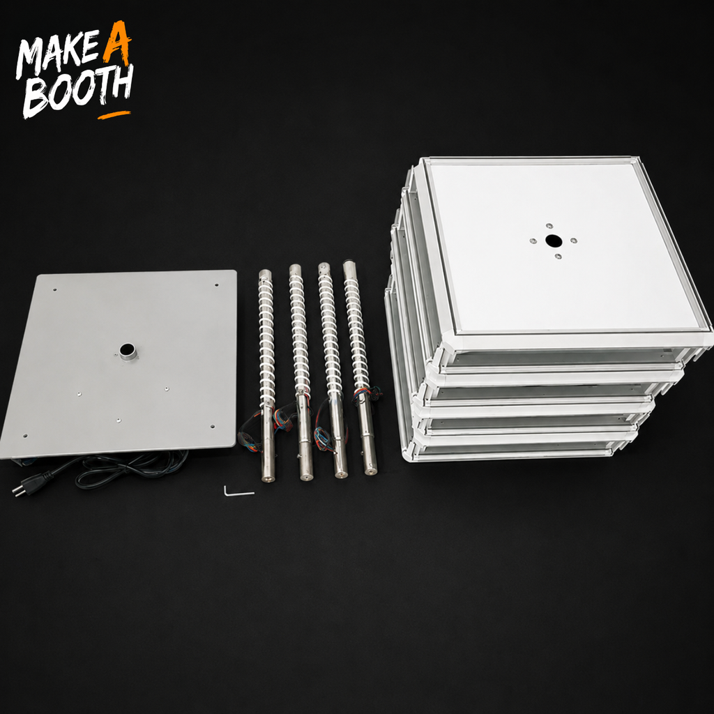Rotating LED light box tower parts: stacked LED panels, metal rods, and base plates
