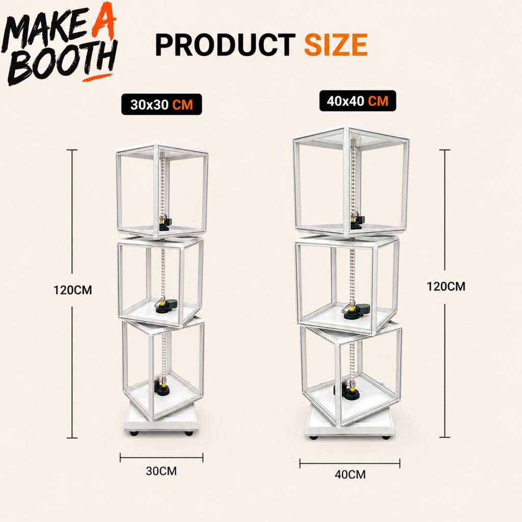 Freestanding rotating LED light box tower size diagram: 30x30 cm and 40x40 cm