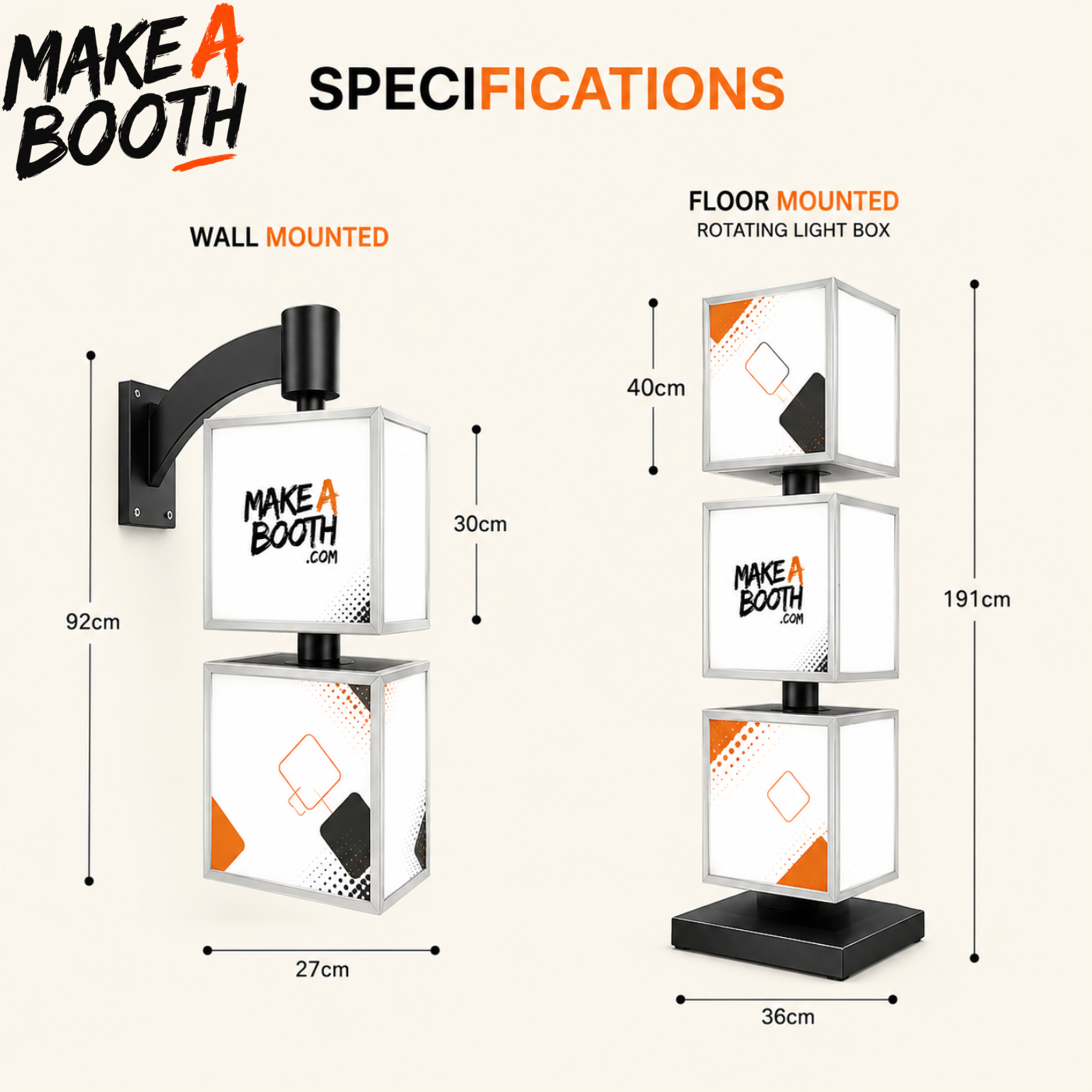 Freestanding rotating LED light box tower specifications: wall mounted and floor mounted