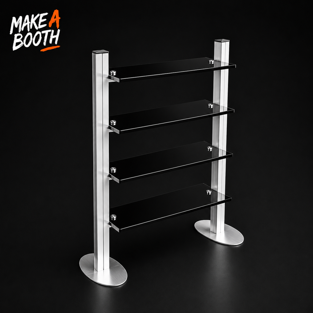 Freestanding shelf display with four dark shelves and two round pedestal posts