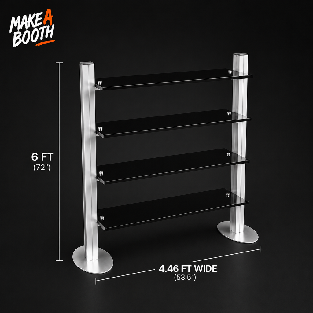Freestanding shelf display with four dark shelves, round pedestals, and 6 ft height