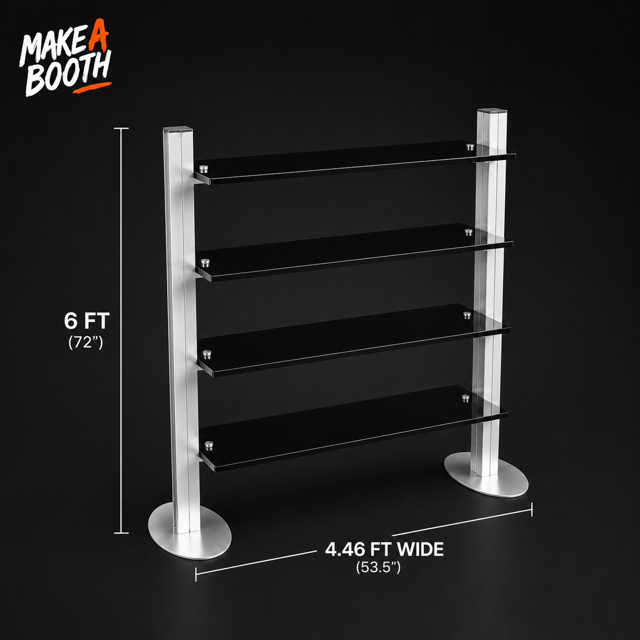 Freestanding shelf display with four dark shelves, round pedestals, and 6 ft height