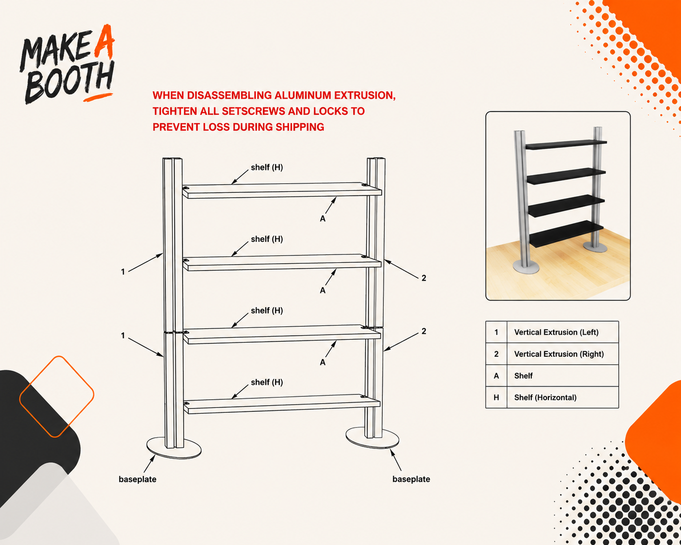 Freestanding shelf display with four horizontal shelves and round pedestal baseplates