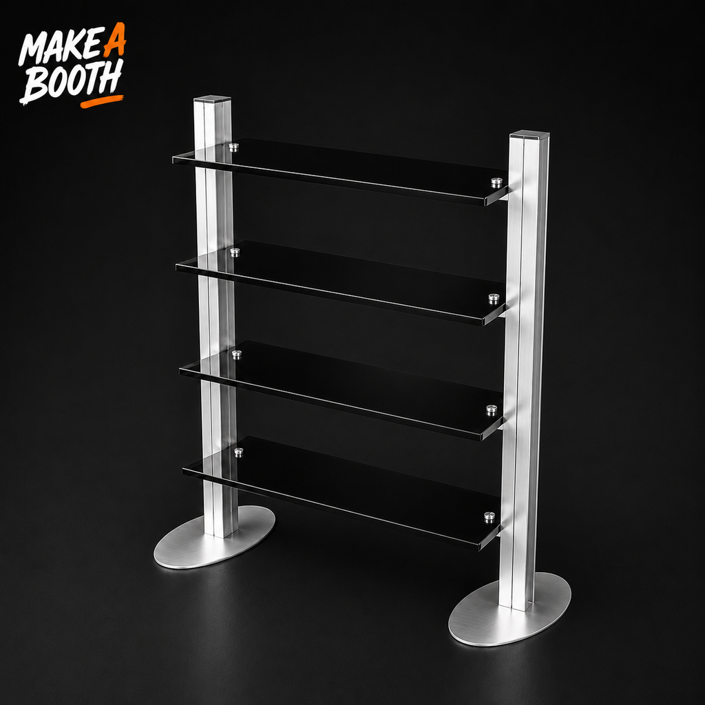 Freestanding shelf display with four horizontal shelves on two round pedestal posts