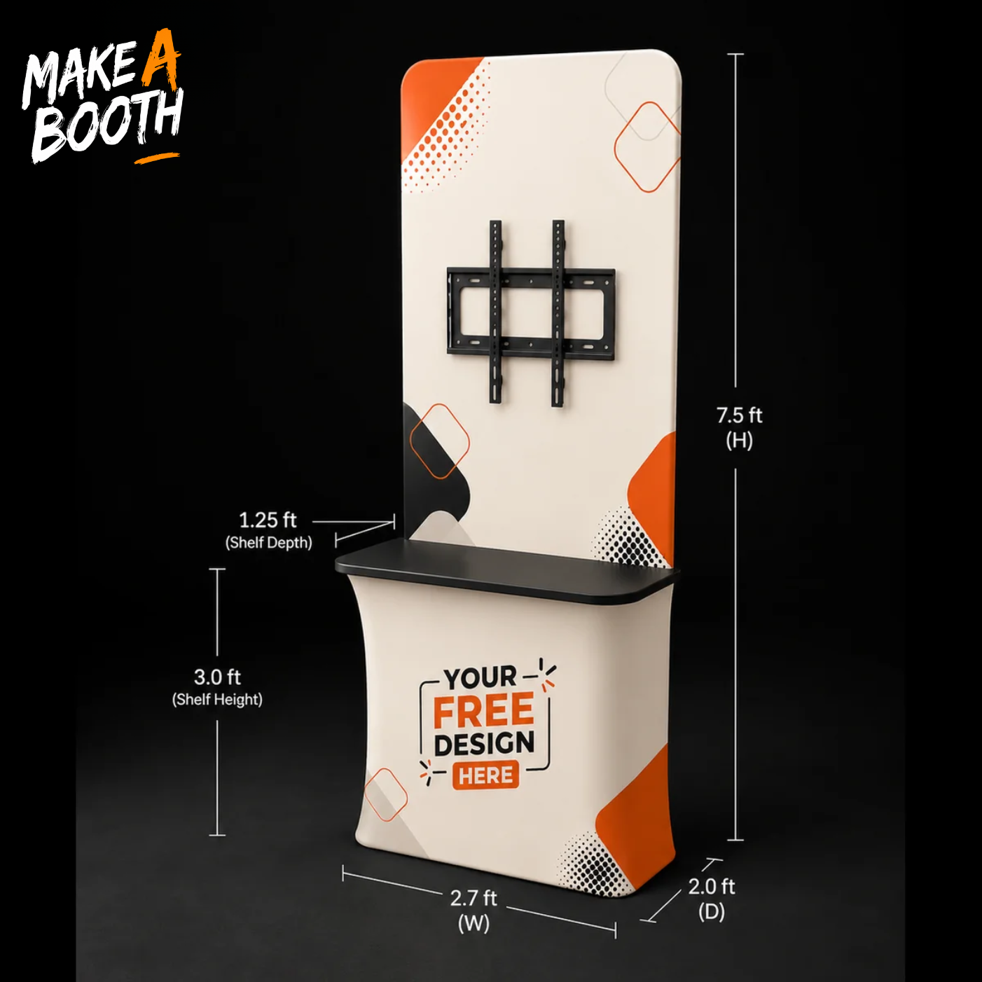 Portable fabric display table with black monitor wall mount and front counter panel