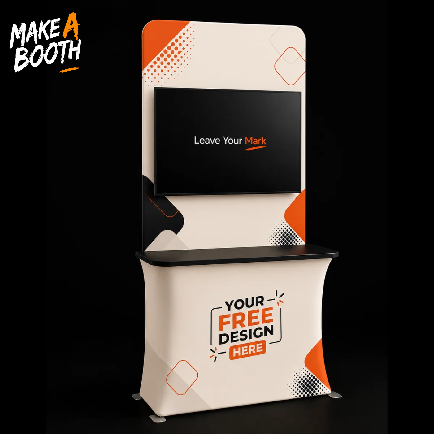Portable fabric display table with black monitor screen shelf and front design graphic