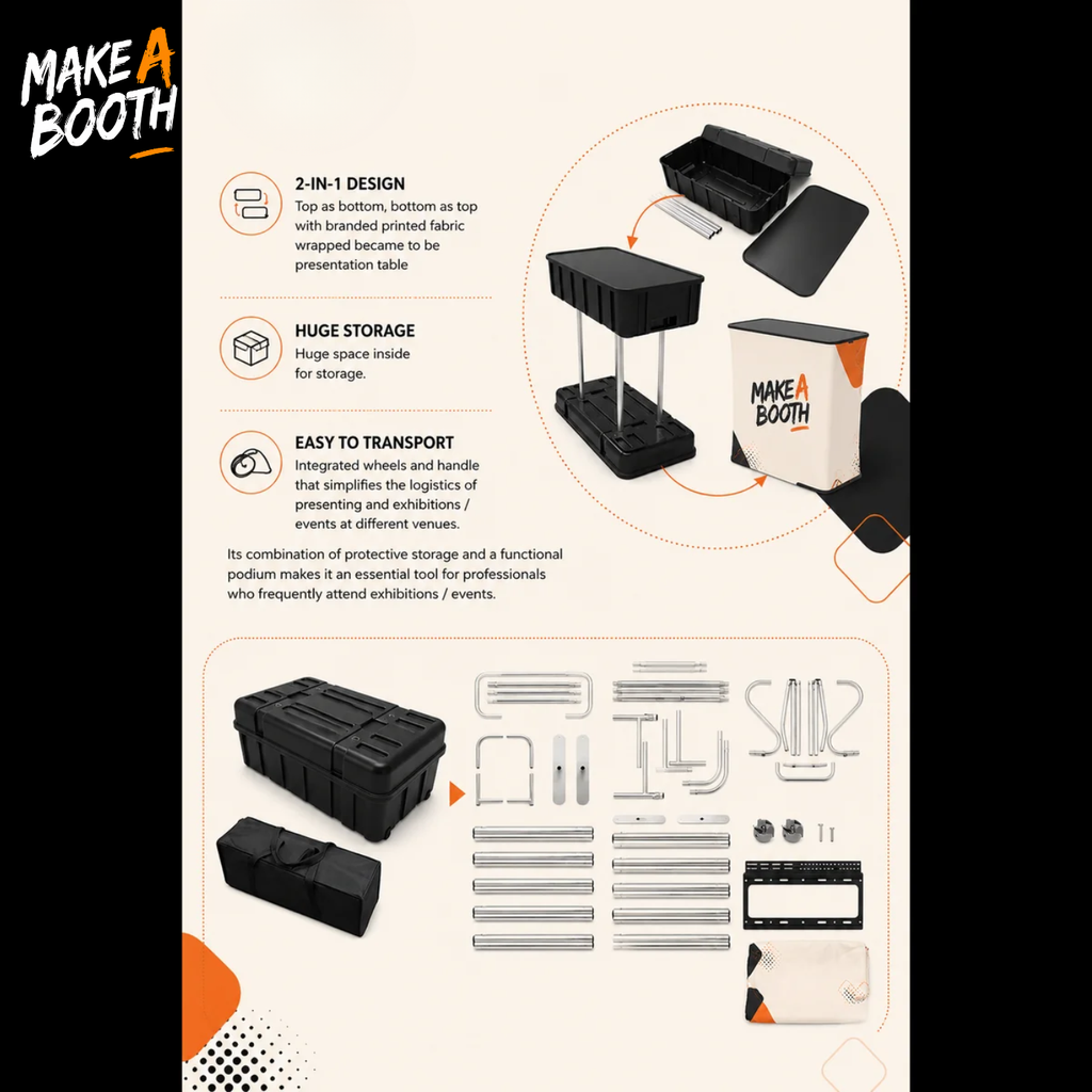 Fabric display table kit diagram showing foldable storage case, parts, and hardware
