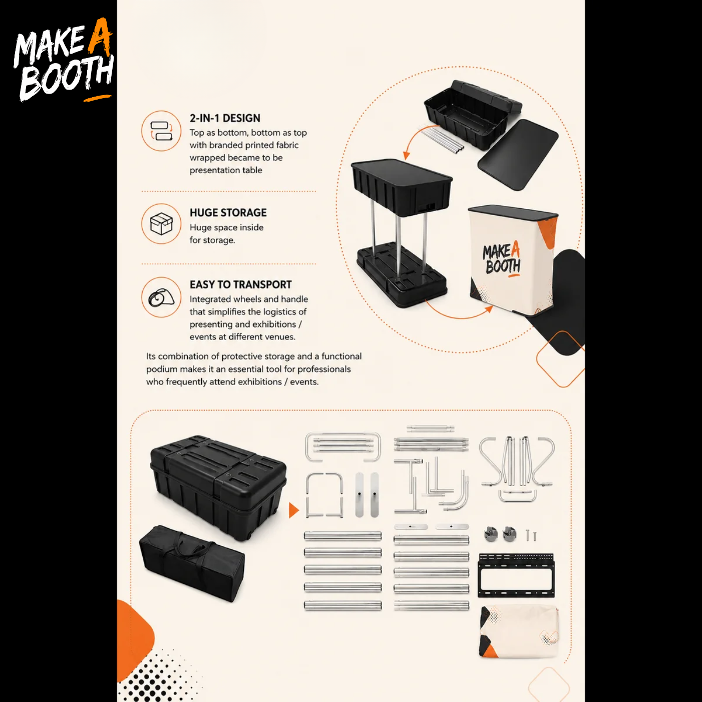 Fabric display table kit diagram showing foldable storage case, parts, and hardware