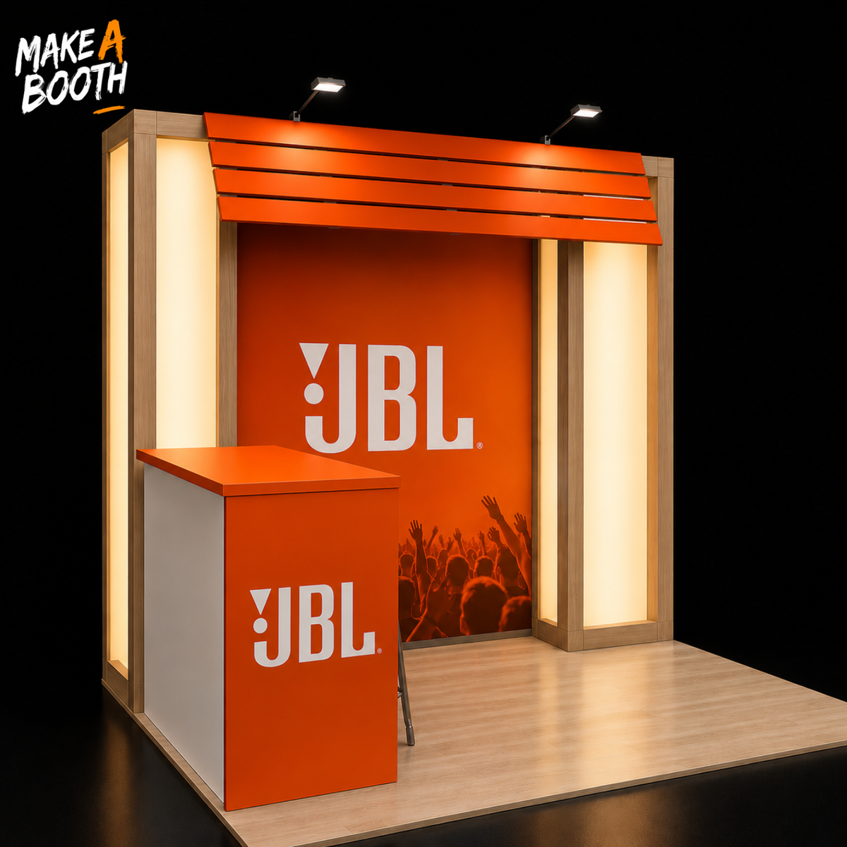 Backlit exhibit booth with orange interior, white counter, and JBL branding panels