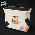 LED-lit tension fabric counter, white graphic front with orange accent feet