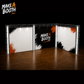L-shaped simple booth with metal frame and white/black panels, Make A Booth graphics