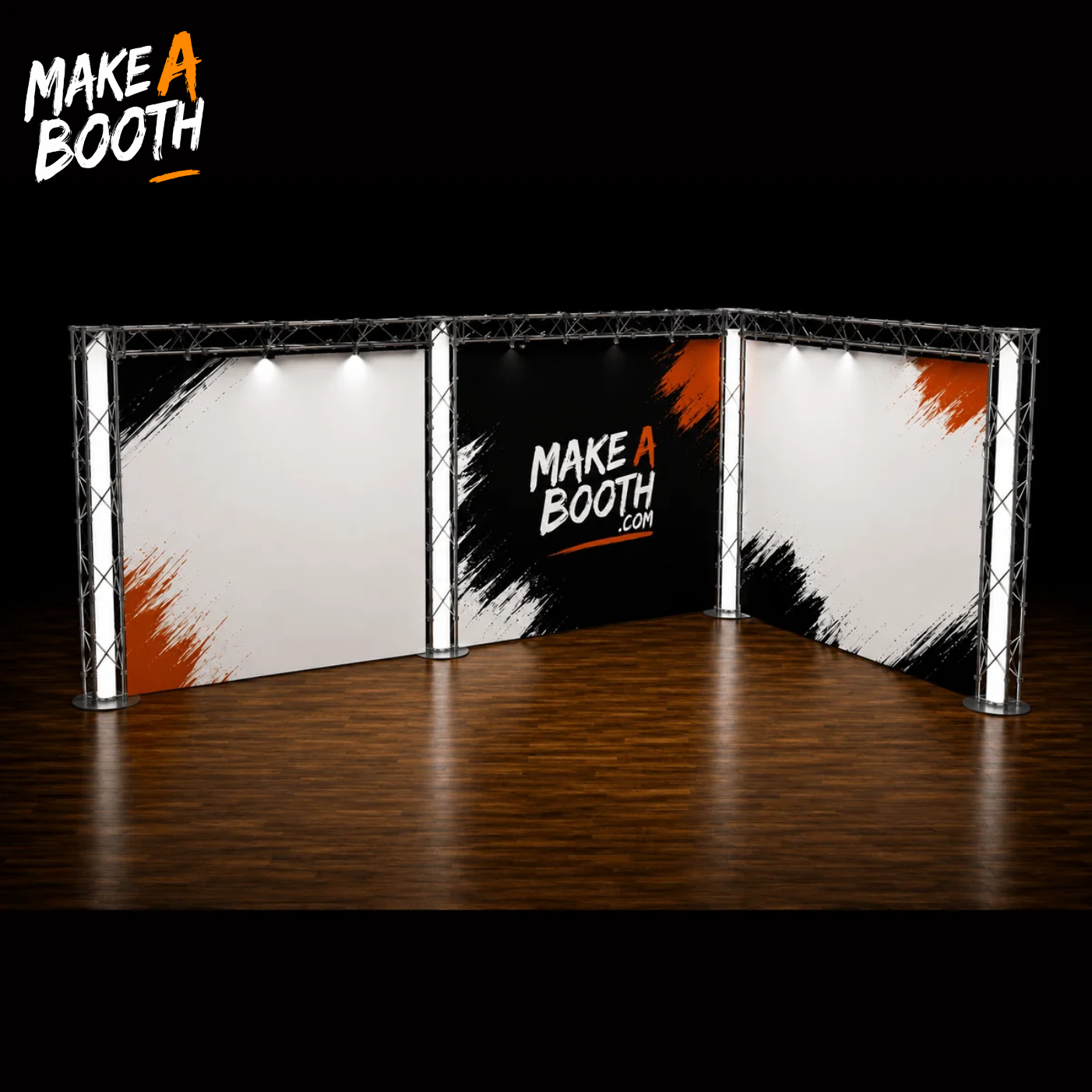 L-shaped simple booth with metal frame and white/black panels, Make A Booth graphics